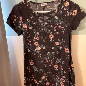 Dark blue and floral print babydoll dress